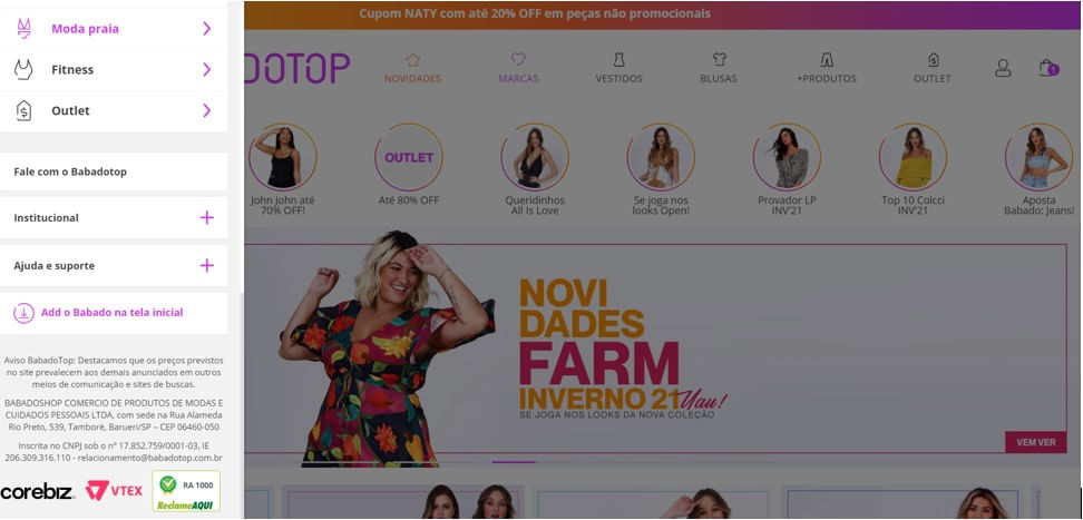 Exibição do menu lateral do site BabadoTop com a opção 'Fale conosco'.
