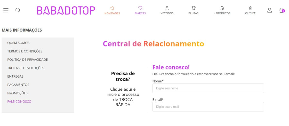 Visualização da pagina de formulario de 'Fale Conosco' do site BabadoTop