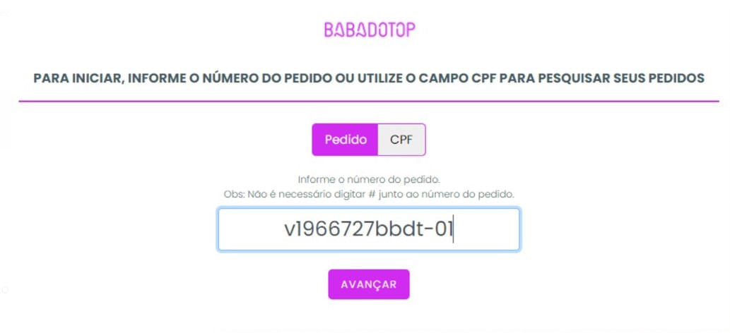 Etapa de identificação do cliente no processo de troca do site BabadoTop